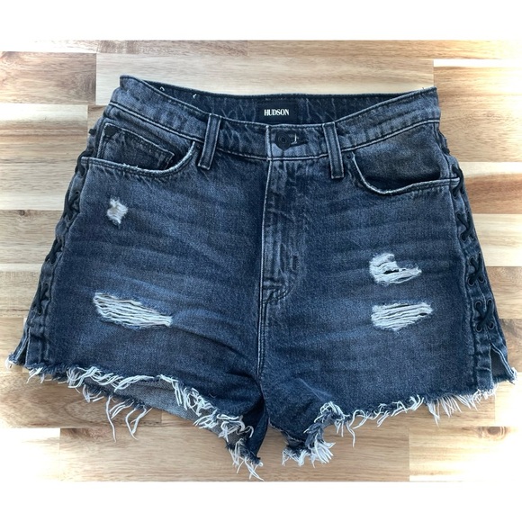 HUDSON | 26 | Sade Lace-Up Graphite Charcoal Noir Cut Off Raw High Rise Shorts - Picture 1 of 16